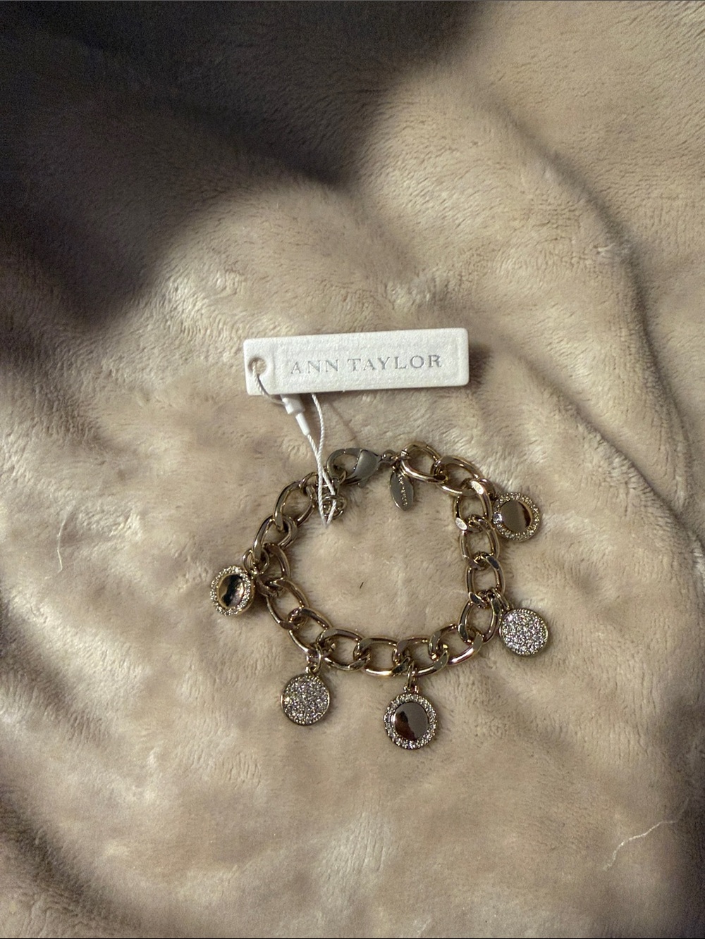 Ann Taylor gold-tone charm bracelet with pavé and mirror discs